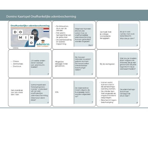 Voorkant met 8 voorbeeldkaarten van het Onafhankelijke Adembescherming spel